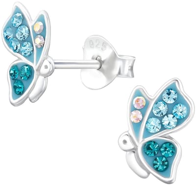 Joy|S - Zilveren vlinder oorbellen - 5.6 x 8.6 mm - blauw turquoise met kristalletjes - kinderoorbellen