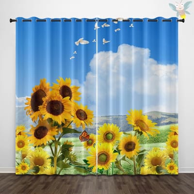 2 stuks gordijnen met zonnebloemmotief, gedecoreerd in een retro landelijke stijl voor slaapkamers en woonkamers 140x160cm&Grommet Top blue