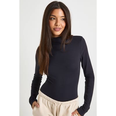 boohoo Dames Ultra zacht aaneengesloten nek bodysuit met lange mouwen | Zwart | Maat: 34
