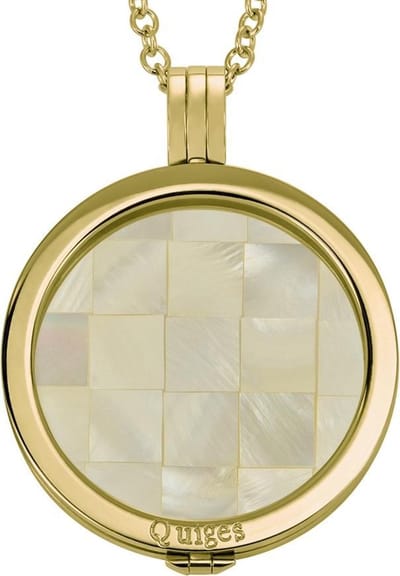 Quiges - Munthouder met Ketting en Munt 33mm Schelp Blokjes Beige - RVS Goudkleurig - ERHS248
