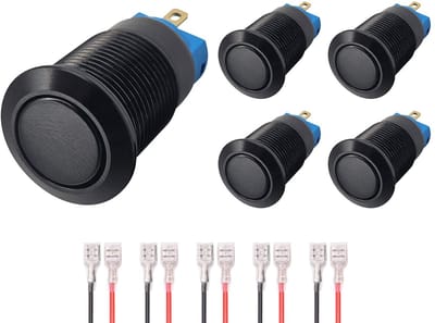 ProRide Mini Pulsschakelaar Normally Open - 12mm Metaal - 12V/24V - Platte Knop - Met Kabels - Zwart - 5 stuks
