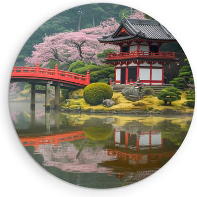 Saammp Muurcirkel Hout - Japans landschap - Natuur - Ø 90 - Wandcirkel - Wanddecoratie Cirkel - Muurdecoratie Woonkamer - Slaapkamer decoratie - Rond Schilderij