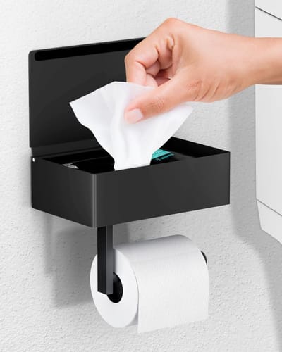 Famanu – Toiletrolhouder met plank en verborgen doekjesopslag, wandmontage, roestvrij staal, mat afwerking