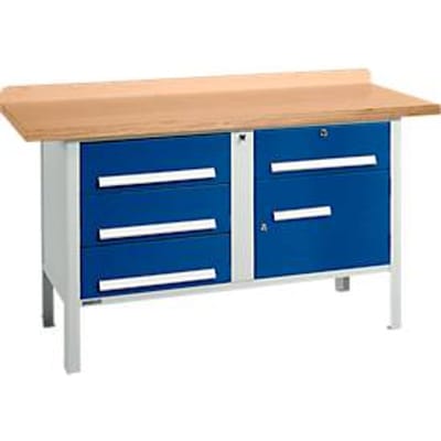 Box-type werkbank Schäfer Shop Select PWi 150-5, beuken multiplex blad, tot 750 kg, B 1500 x D 700 x H 840 mm, gentiaanblauw