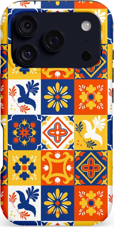 Casetastic hoesje geschikt voor Apple iPhone 17 Pro - MagSafe - Dubbellaagse bescherming - Mediterraanse Tegels - Fashion Case - Oranje Donkerblauw Geel Crème