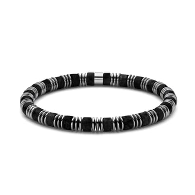 Frank 1967 - 7FB-0787 - kralenarmband heren met stalen onderdelen - hematiet, agaat - zwart - 19 cm