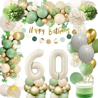 FeestmetJoep® 60 jaar feestpakket Beige / Goud & Groen 67-delig - 60 jaar verjaardag versiering - 60 jaar slingers - 60 jaar ballonnen - Feestversiering voor man & vrouw Groen / Goud - 60 jaar verjaardag man / vrouw - 60 jaar versiering