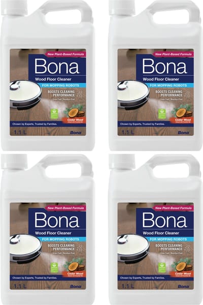 Bona Houten Vloerreiniger voor Robotstofzuiger met Dweilfunctie - Vloerreiniger Robotstofzuiger - Reinigingsmiddel - Sneldrogend en Streeploos - 1,1L (4-pack)