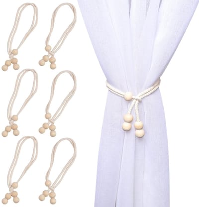 Dailygoods - 6 stuks Minimalistische Gordijnhouders met Houten Kralen - Beige Katoenen Touw