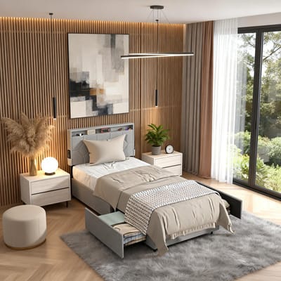 ACXIN Eenpersoonsbed Bed met Opbergruimte 2 Laden Metalen Frame Modern Slaapkamer Gastenkamer - 90x200 cm - Lichtgrijs