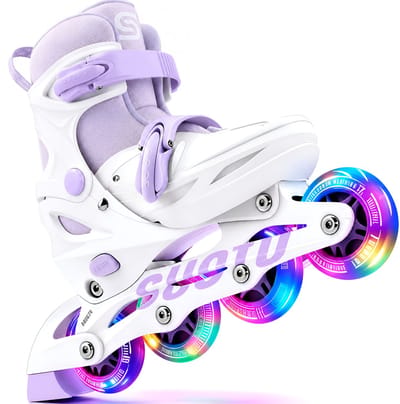 Suotu Skeelers - Inlineskates Verstelbaar - Lijn: S78 - Skeelers meisjes en jongens - Maat: EUR 32-36 - Lichtgevende wielen - Paars/Wit - M