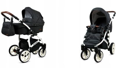 BabyLux® Kinderwagen 2in1 – OPTIMAL - BLACK FLEX WHITE FRAME - Opklapbare Wandelwagen incl. Reiswieg, Multifunctionele Buggy Sportstoel - Combi-kinderwagen met Luiertas, Regenhoes, Klamboe, Bekerhouder, etc.