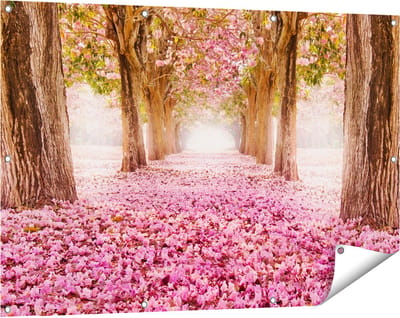 Gards Tuinposter Romantische Bomen Tunnel met Roze Anjers - 120x80 cm - Tuindoek - Tuindecoratie - Wanddecoratie buiten - Tuinschilderij
