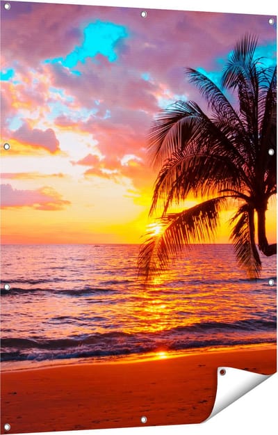 Gards Tuinposter Tropisch Strand tijdens Zonsondergang - 90x120 cm - Tuindoek - Tuindecoratie - Wanddecoratie buiten - Tuinschilderij