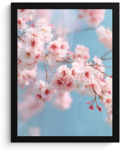 Poster in lijst - Fotolijst 30x40 cm - Posters - Takken - Bloesems - Roze - Posterlijst zwart - Decoratie - Wanddecoratie woonkamer - Muurdecoratie slaapkamer