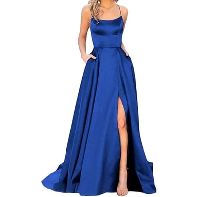 Gala Maxi-jurk Elegante satijnen avondjurk met spaghettibandjes Hoge split aan de zijkanten Zakken voor galabanket of feest Off-shoulder XXL