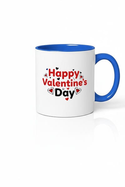 Happy Valentine's Day Mok - Romantisch Keramisch Cadeau met Hartenprint & Blauw Detail