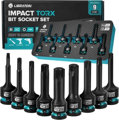 Impact Torx Bit Socket Set 1/2" Aandrijving 9 Delig S2 Staal T30-T80