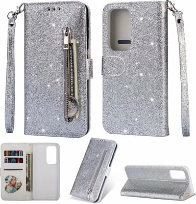 Portemonnee Hoesje - Wallet Case - Rits Sparkly Glitter - Telefoonhoes met Kord Geschikt voor: Oppo A57 4G & A57s - Zilver