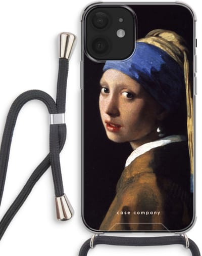 Case Company® - Hoesje met koord geschikt voor iPhone 12 mini hoesje met Koord - The Pearl Earring - Telefoonhoesje met Zwart Koord - Bescherming aan alle Kanten en Over de Schermrand