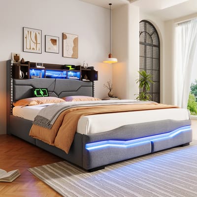 Komhtom bekleed bed, 140 x 200 cm, met USB-aansluiting voor het opladen van apparaten, sfeerverlichtingsstrip met afstandsbediening onder het bed, hoofdeinde met opbergvak, bed met hydraulische opbergruimte, zonder matras, met LED-verlichting, grijs