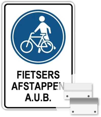 Bord Fietsers afstappen - Weerbestendig Aluminium - 40x60 cm - Bevestiging: Met muur-/ wandmontage beugels
