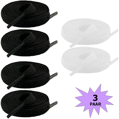Fako Fashion - Schoenveters - Veters - Plat - 8mm - 120cm - 3 Paar - 6 Stuks - Zwart & Wit
