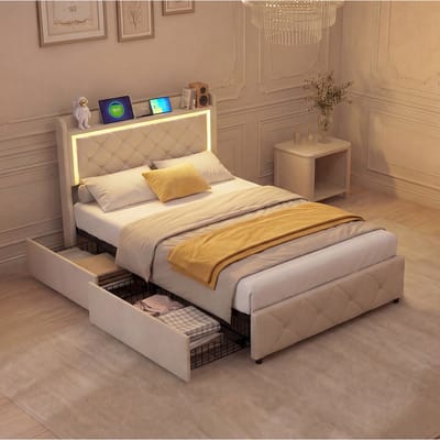 Eenpersoonsbed - 90x200cm - met LED-lichtstrip - USB-oplaadpoort - opberglade - beige fluwelen hoofdbord - stijlvol en eenvoudig - matras niet inbegrepen
