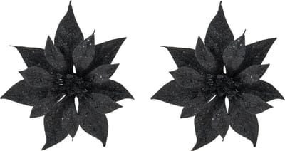 2x stuks decoratie bloemen kerststerren zwart glitter op clip 18 cm - Decoratiebloemen/kerstboomversiering