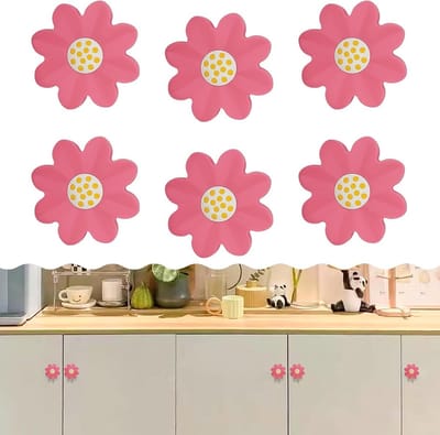 Kastgrepen Set - Lade Knoppen - Kinderkamer Decoratie - Zacht Veilig Rubber - 6 Stuks - Roze Bloem