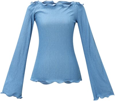 Fijngebreide Top met Golvend Patroon – Elegante Dames Longsleeve met Ronde Hals – Modieuze Getextureerde Stretchtop met Golvende Structuur - Blauw - S