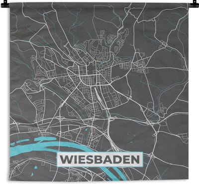Wandkleed - Wanddoek - Stadskaart – Plattegrond – Duitsland – Blauw – Wiesbaden – Kaart - 180x180 cm - Wandtapijt
