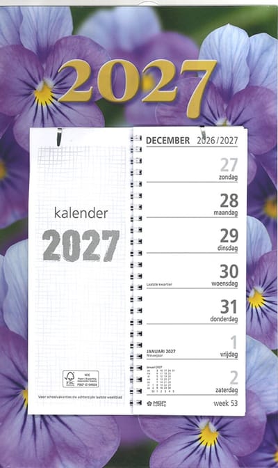 MGPcards - Omlegweekkalender 2027 - Week begint op zondag - 21 x 34 cm - Bloemen/Violen - Paars