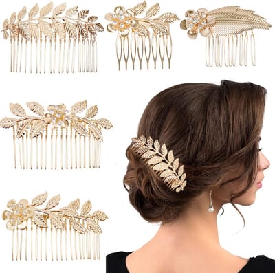 Gouden bladhaarkammen set - 5 stuks, 5 maten, strass versiering voor bruiloft, bruidsmeisje en feest