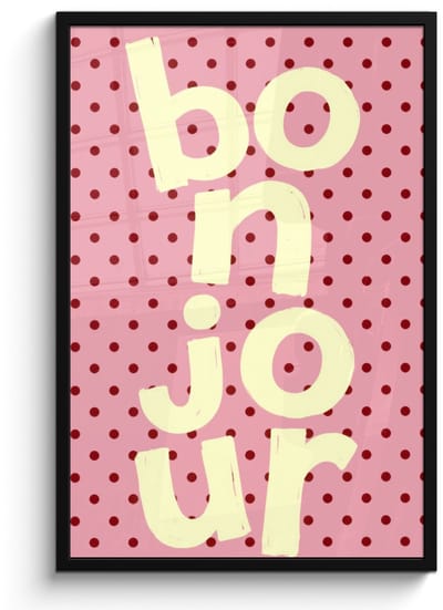 Poster in lijst - Fotolijst 60x90 cm - Posters - Bonjour - Stippen - Roze- Geel - Posterlijst zwart - Decoratie - Wanddecoratie woonkamer - Muurdecoratie slaapkamer