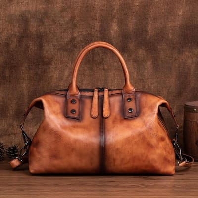 WTEMPO Sac à main rétro en cuir véritable pour femmes, sac à main en cuir de vache souple naturel peint à la main, sacs à bandoulière de grande capacité 38*15*24cm marron