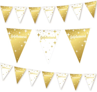 Q2P - Party Time Slinger - Verjaardag Versiering - Vlaggenlijn - Slingers - Feest Decoratie - Wit & Goud - 10m