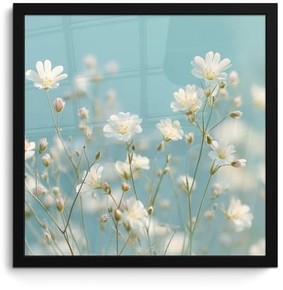 Poster in lijst - Fotolijst 40x40 cm - Posters - Stengels - Bloemen - Lucht - Wit - Posterlijst zwart - Decoratie - Wanddecoratie woonkamer - Muurdecoratie slaapkamer