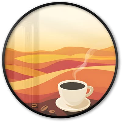 Poster in lijst Rond - Fotolijst 60x60 cm - Posters - Koffie - Landschap - Oranje - Koffiebonen - Ronde posterlijst zwart - Decoratie - Wanddecoratie woonkamer - Muurdecoratie slaapkamer