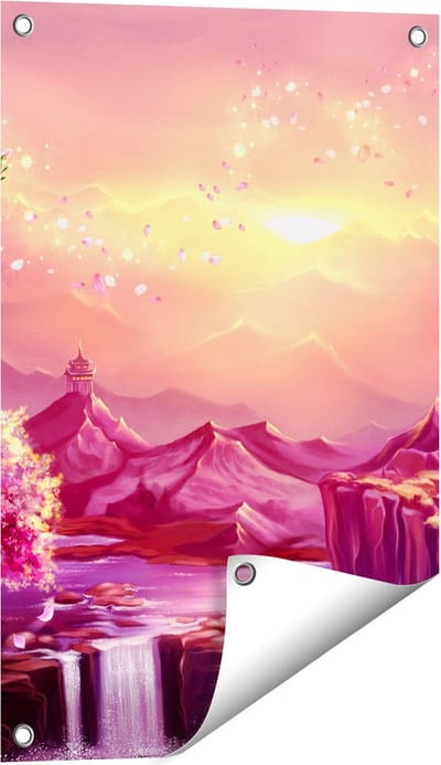 Gards Tuinposter Illustratie van Watervallen met Bloesems - 40x60 cm - Tuindoek - Tuindecoratie - Wanddecoratie buiten - Tuinschilderij