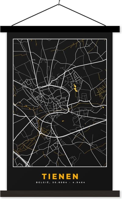 Posterhanger incl. Poster 40x60 cm - Schoolplaat - Plattegrond - Goud - Stadskaart - Tienen - Kaart - Textielposter - Zwarte latten - Stadskaart