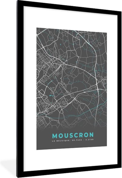 Fotolijst incl. Poster - Kaart – Plattegrond – Stadskaart – Mouscron – België - Grijs - 80x120 cm - Posterlijst
