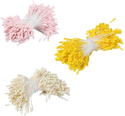 Dailygoods - 1200 stuks bloemenborstel, stofbladen voor kunstbloemen, dubbele kopstempel, 2 mm, wit, geel en roze, doe-het-zelf accessoires voor boeketten, kunstbloemen, kunsthandwerk, bloemendecoraties