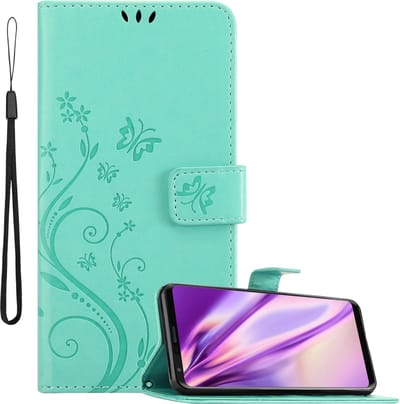 Cadorabo Hoesje geschikt voor LG V30 / V30+ / V30S / V30S+ in BLOEMEN TURKOOIS - Beschermhoes in bloemmotief met magnetische sluiting, standfunctie en kaartsleuven Book Case Cover Etui