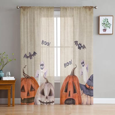 Halloween Pompoen Geest Vleermuis Vintage Transparante Gordijnen voor Slaapkamer Woonkamer Voile Raamgordijnen Tule Gordijnen voor Kinderkamer 135W x 114H(cm) gray