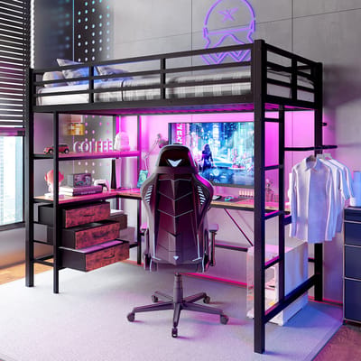 Komhtom Hoogslaper, 90*200 cm, met ledlampen, bureau, stopcontact + USB, 3 lades, planken, veiligheidshek, trap, zonder matras, zwart