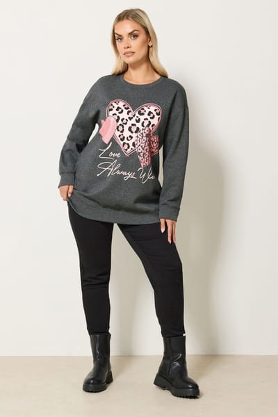 Yours Grey 'Love Always' Glitter Hart Sweatshirt Size 44