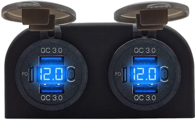 ProRide 12V USB C Stopcontact 6 Poorten met Schakelaar/Voltmeter - Tweevoudig Opbouw - QC3.0 - USB Autolader, Boot en Camper - Blauw