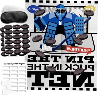 Hockey Feestspel - Puck op net - Feestelijke Spelletjes - Inclusief 18 stickers - 42x52 cm - Multi