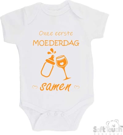 100% katoenen Romper "Onze eerste moederdag samen" Unisex Katoen Wit/mosterd Maat 56/62